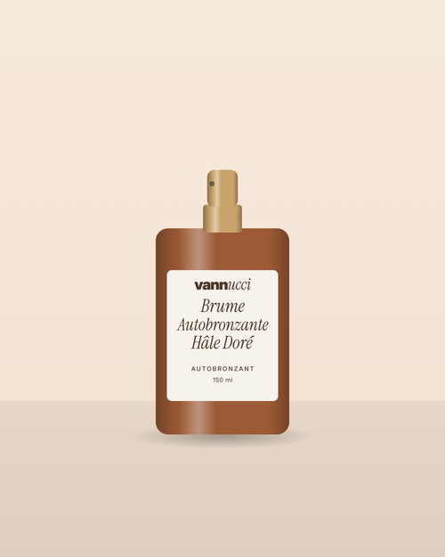 Brume Autobronzante Hâle Doré Vannucci, flacon vaporisateur sur fond clair