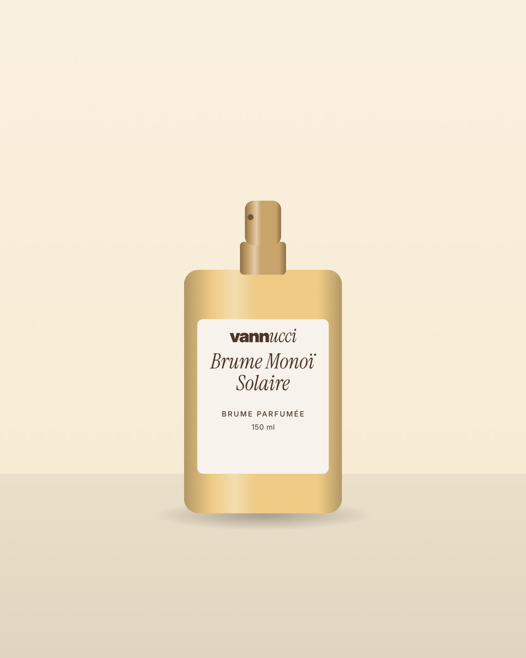 Brume Monoï Solaire Vannucci, flacon vaporisateur sur fond clair
