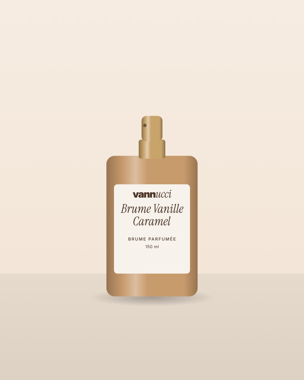 Brume Vanille Caramel Vannucci, flacon vaporisateur sur fond clair