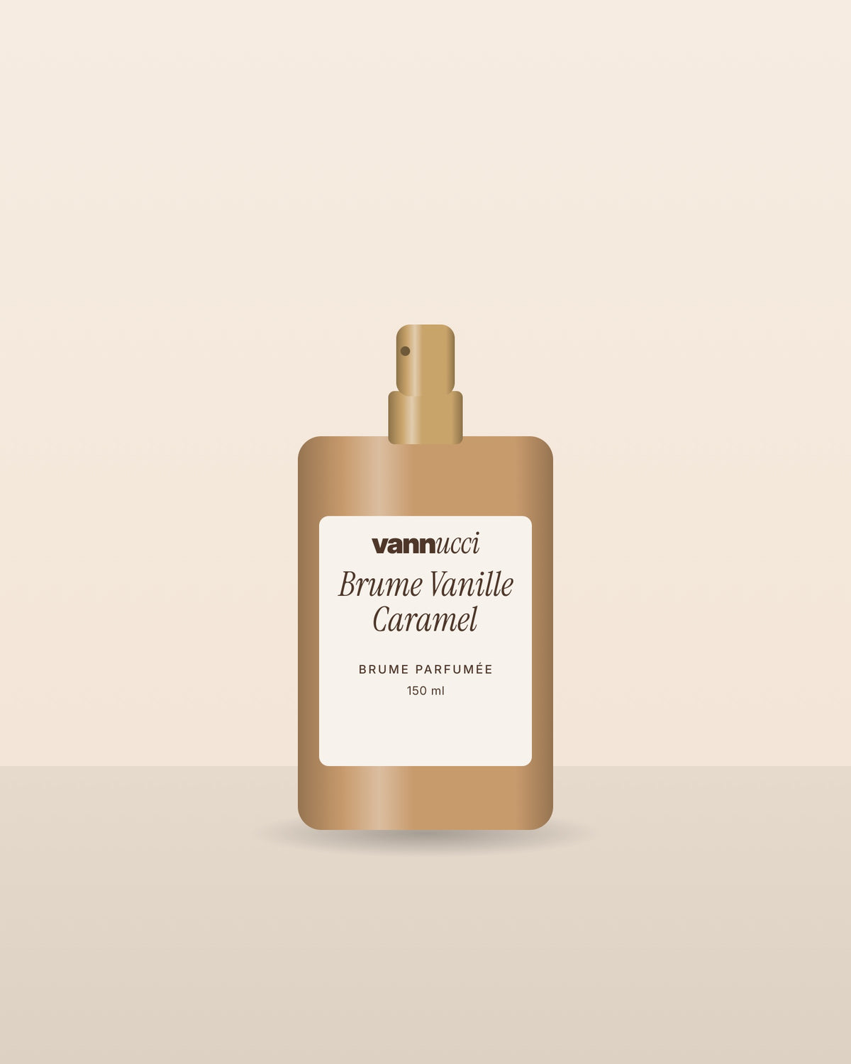 Brume Vanille Caramel Vannucci, flacon vaporisateur sur fond clair