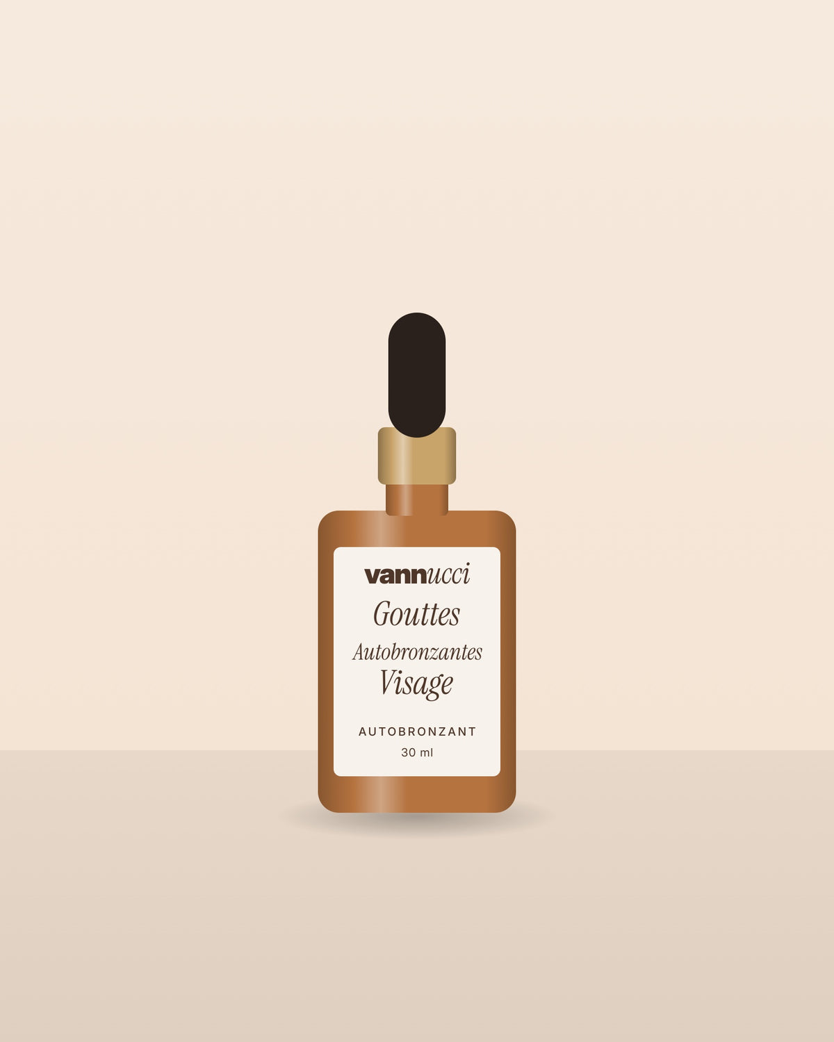 Gouttes Autobronzantes Visage Vannucci, flacon compte-gouttes sur fond clair