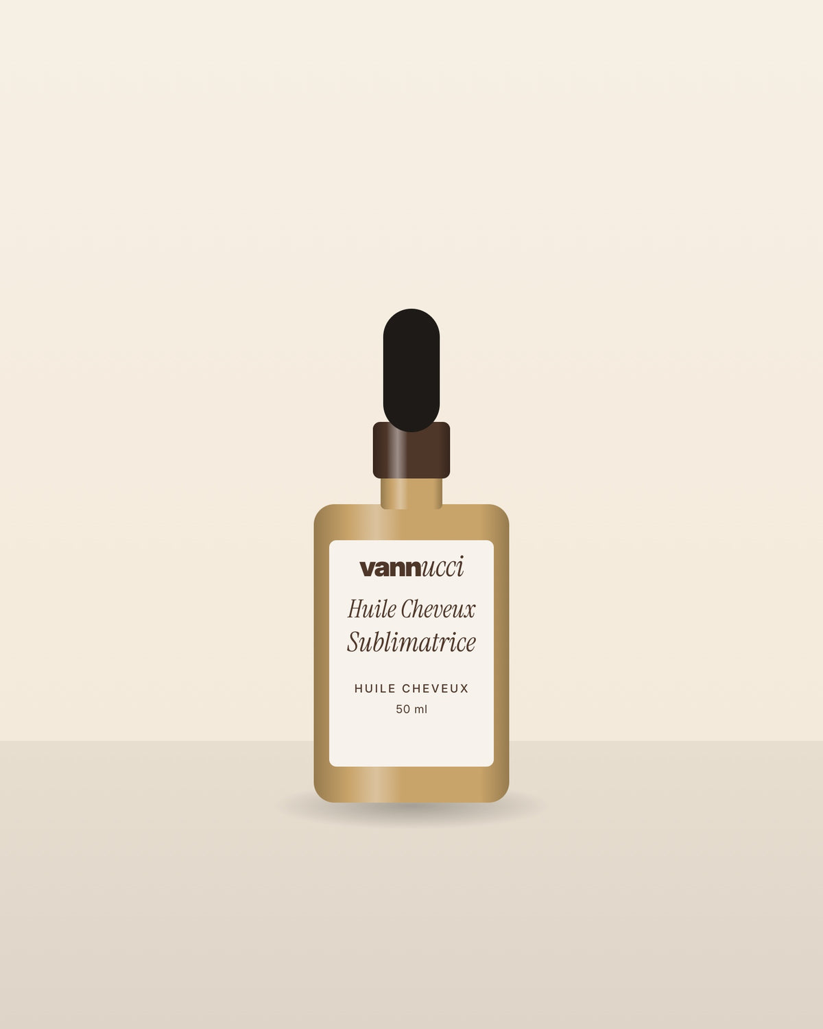 Huile Cheveux Sublimatrice Vannucci, flacon compte-gouttes sur fond clair