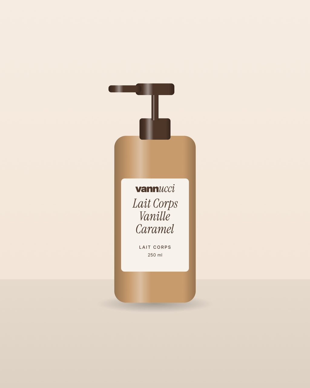 Lait Corps Vanille Caramel Vannucci, flacon pompe sur fond clair