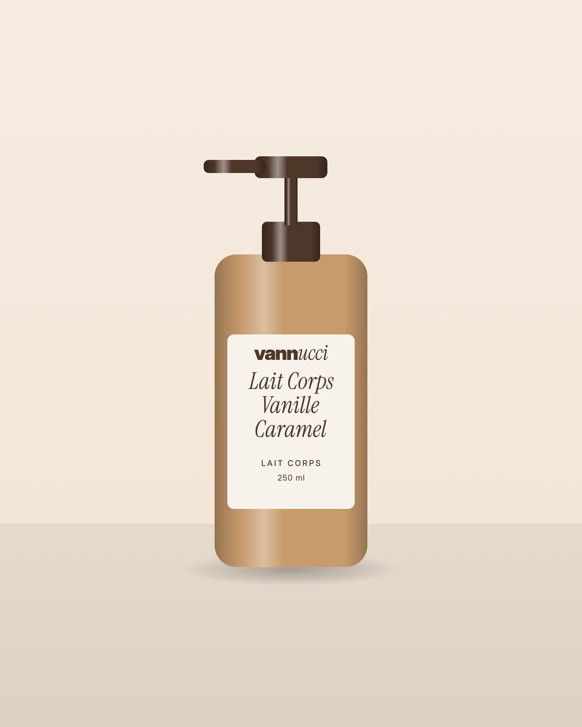 Lait Corps Vanille Caramel Vannucci, flacon pompe sur fond clair