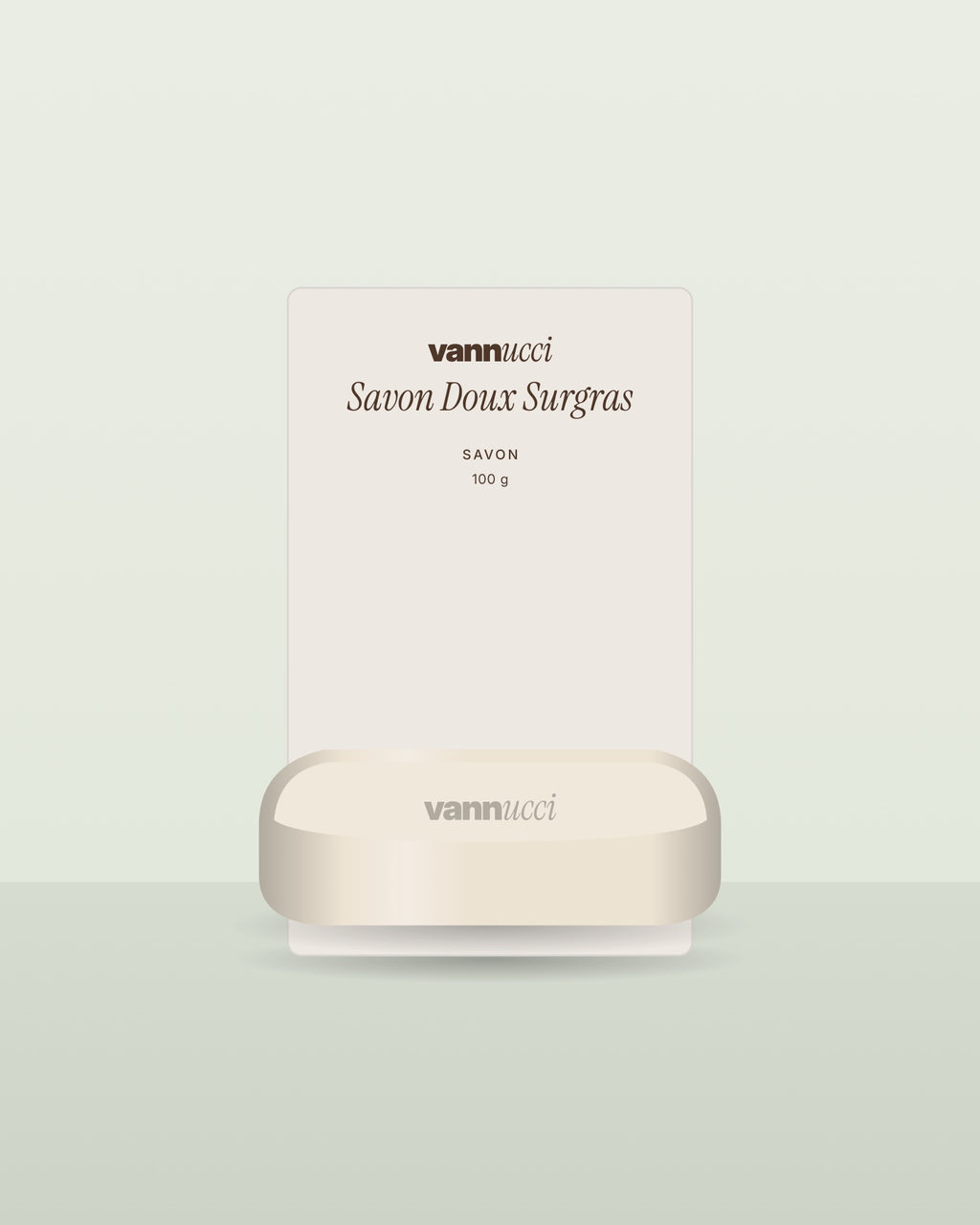 Savon Doux Surgras Vannucci, pain de savon sur fond clair