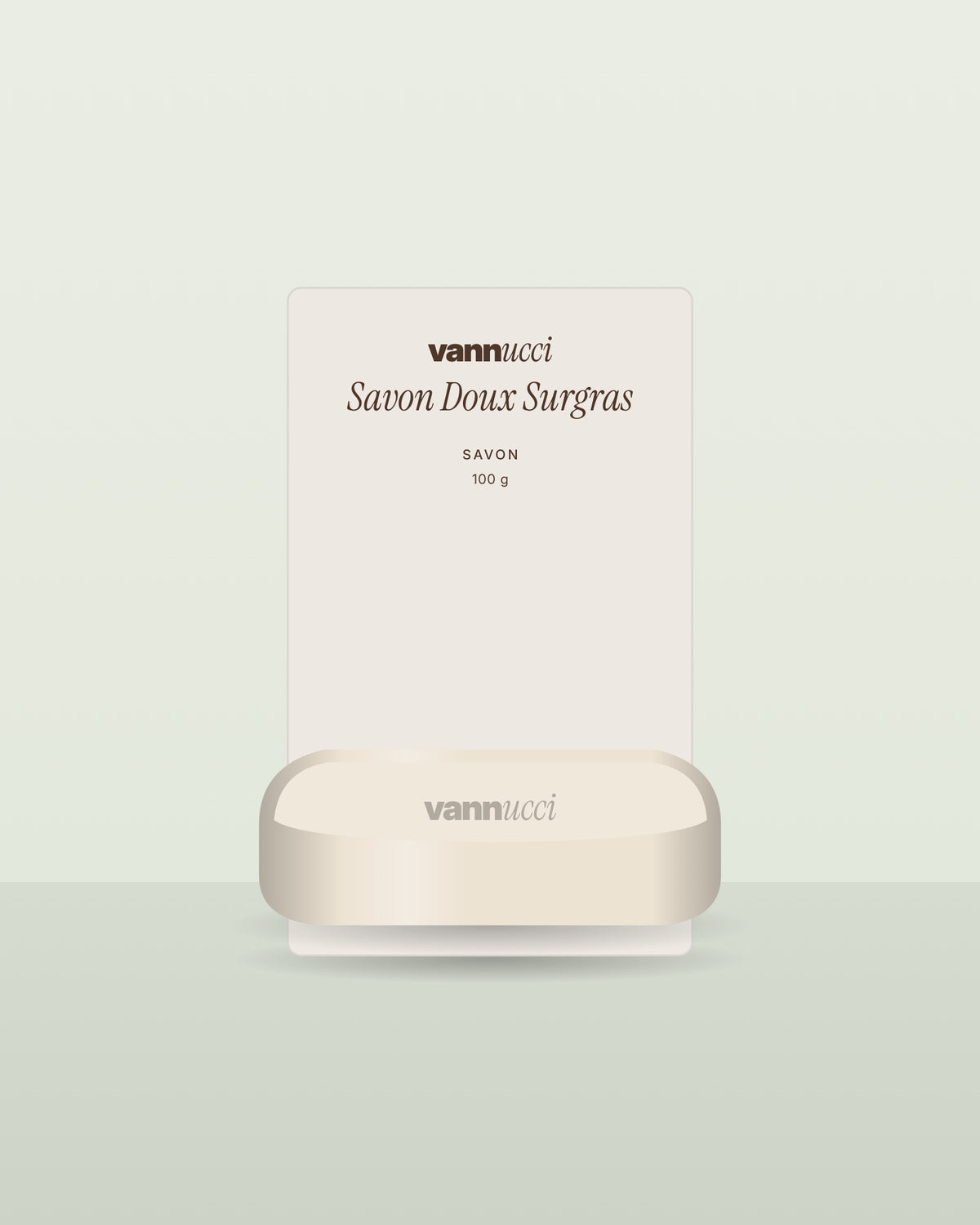 Savon Doux Surgras Vannucci, pain de savon sur fond clair